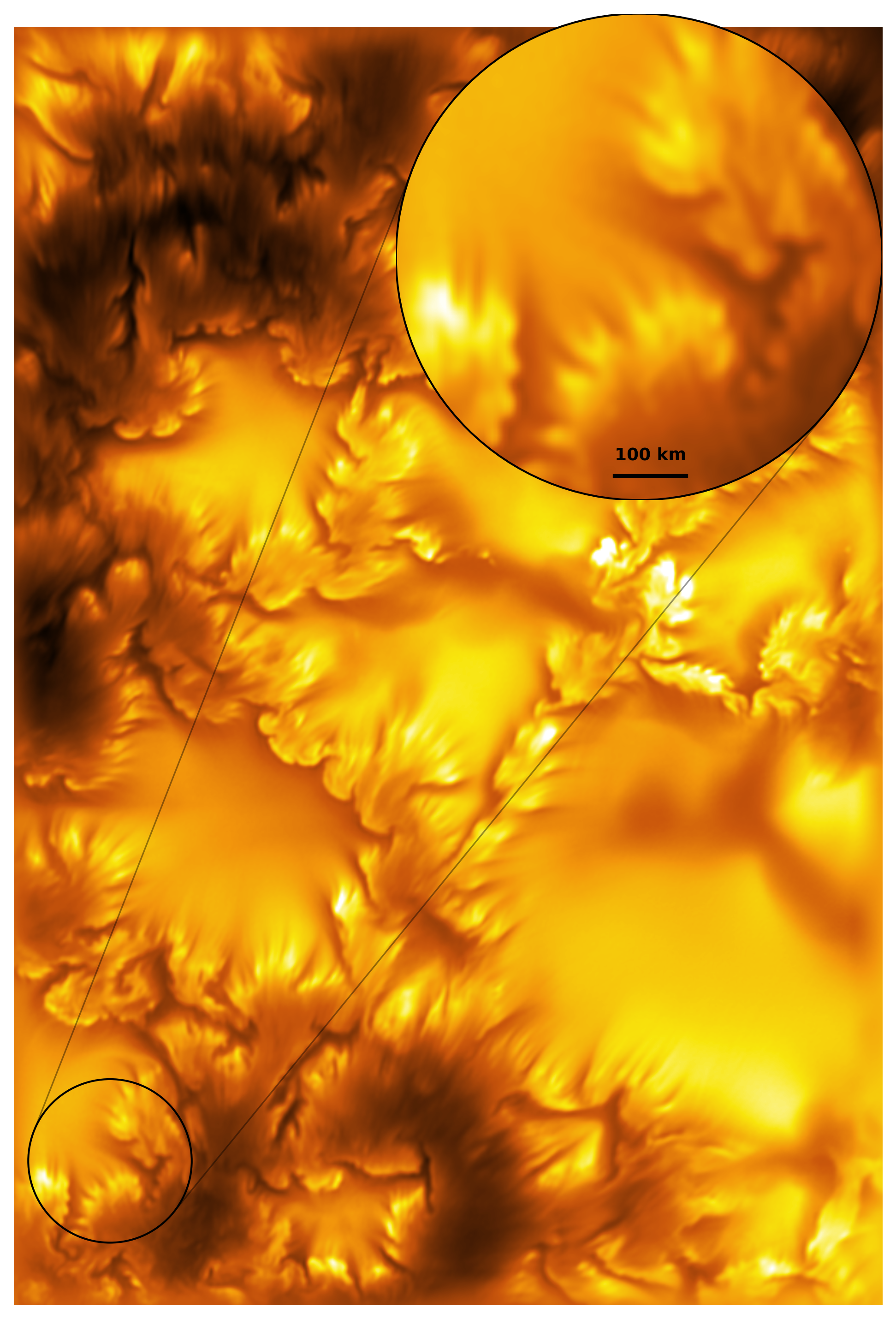 A close-up view of a selected region from the Inouye Solar Telescope image reveals the extraordinary spatial resolution of the Inouye's observations. Although the images appear yellow, they were actually taken with at a blue light wavelength and colored to look familiar 
